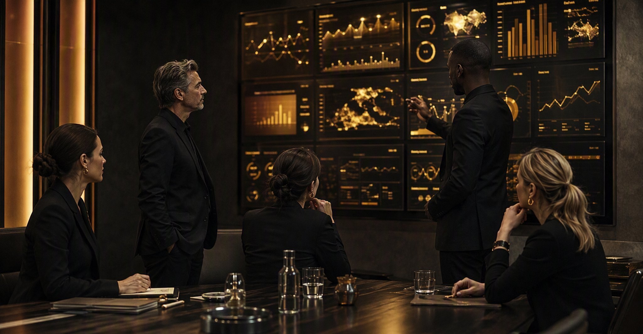 A Some Capital engagement team reviewing live system telemetry on a wall of gold-lit dashboards